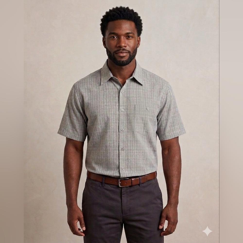 L.A.Beat Men's NWT Gray Striped Checkered Short Sleeve Button Down Shirt Small